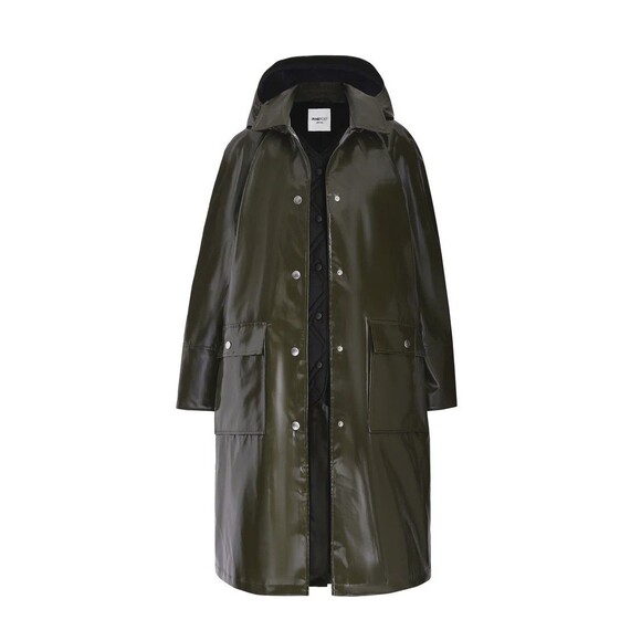 New NWT $595 Jane Post Iconic Raglan Slicker Rain Coat Hood Women XS Vest Green - Picture 1 of 7